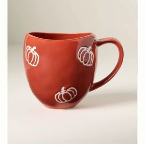 Two Brand New Anthropologie Hand Painted Halloween Pumpkin Mugs, New in Box, NWT